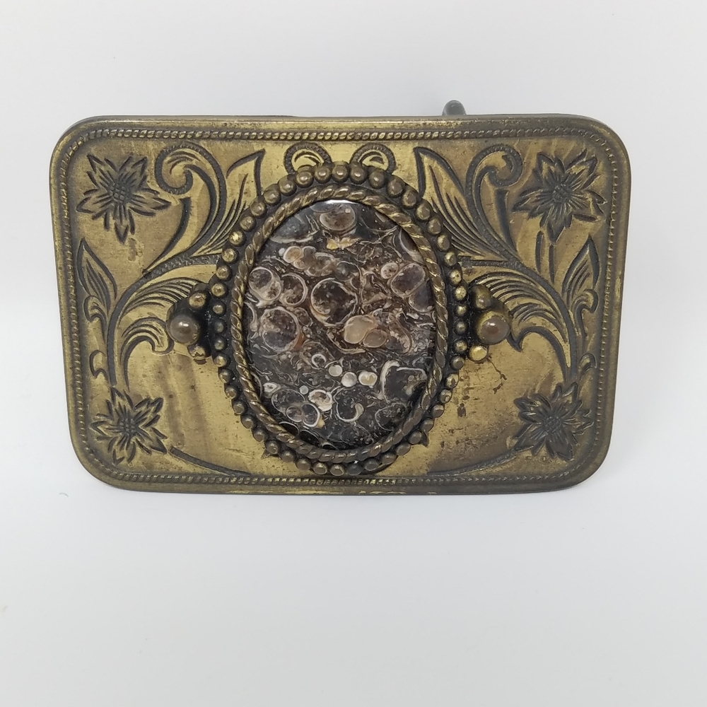 Vintage Brass Tone Belt Buckle With Brown Marble Like Stone